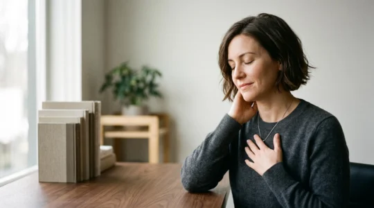 Professionnel epuise au bureau percevant discretement les premiers signaux du burn-out avant l'effondrement