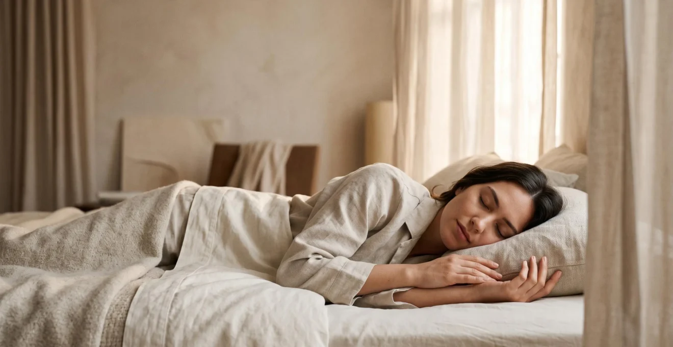 Personne endormie paisiblement dans une lumière douce, évoquant un film mental apaisant avant le sommeil