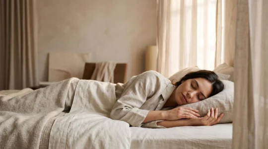 Personne endormie paisiblement dans une lumière douce, évoquant un film mental apaisant avant le sommeil