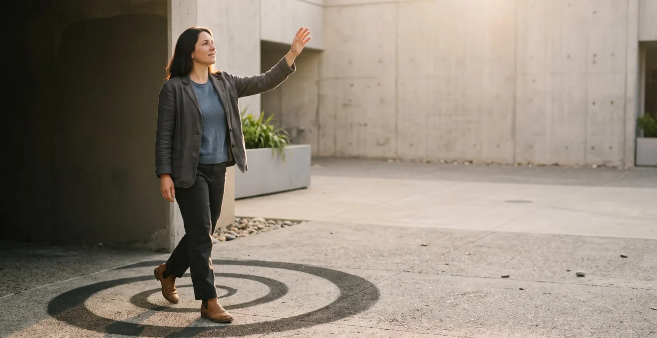 Une personne sortant d'une zone d'ombre en spirale vers un espace lumineux et ouvert, symbolisant la sortie de l'isolement