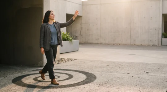 Une personne sortant d'une zone d'ombre en spirale vers un espace lumineux et ouvert, symbolisant la sortie de l'isolement