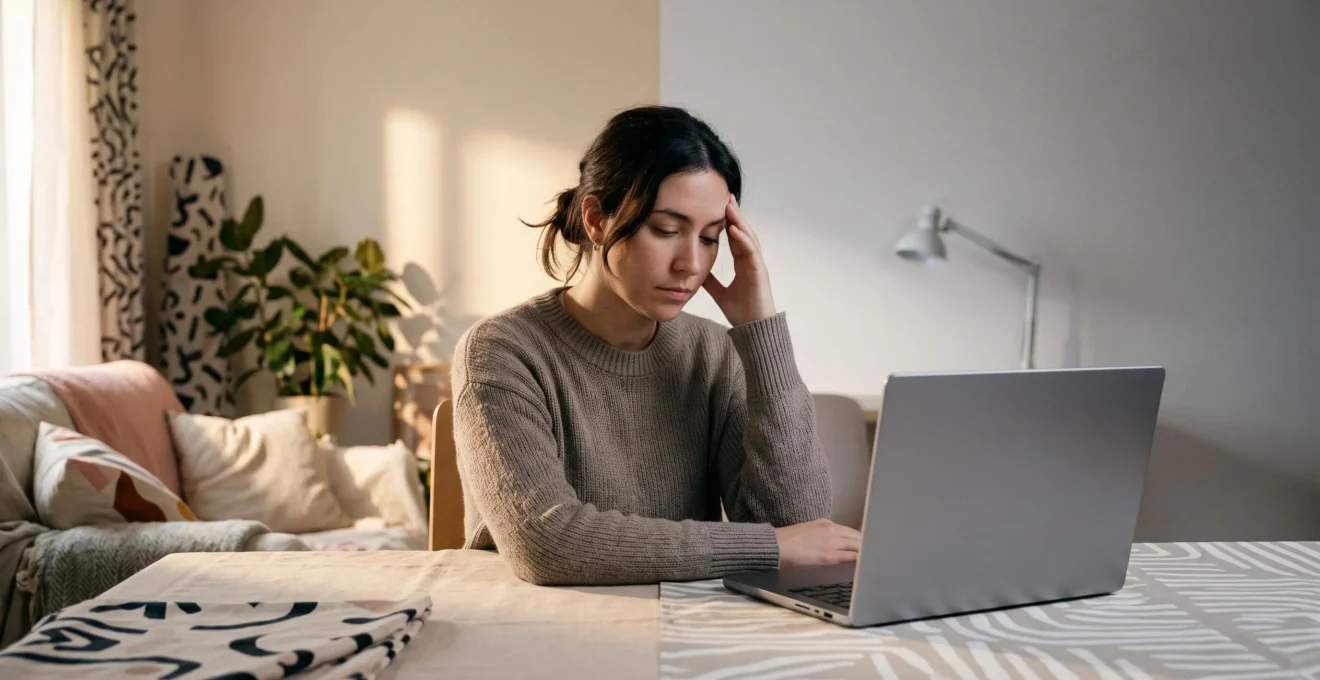 Illustration d'une personne assise dans un espace de vie où le bureau et le salon se confondent, symbolisant la saturation mentale du télétravail