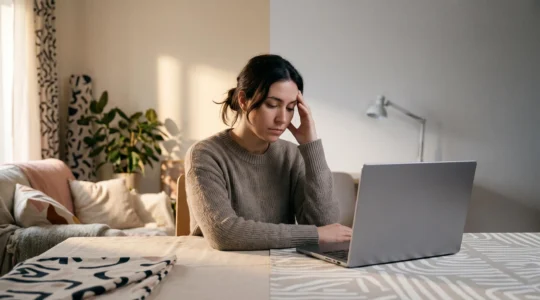 Illustration d'une personne assise dans un espace de vie où le bureau et le salon se confondent, symbolisant la saturation mentale du télétravail