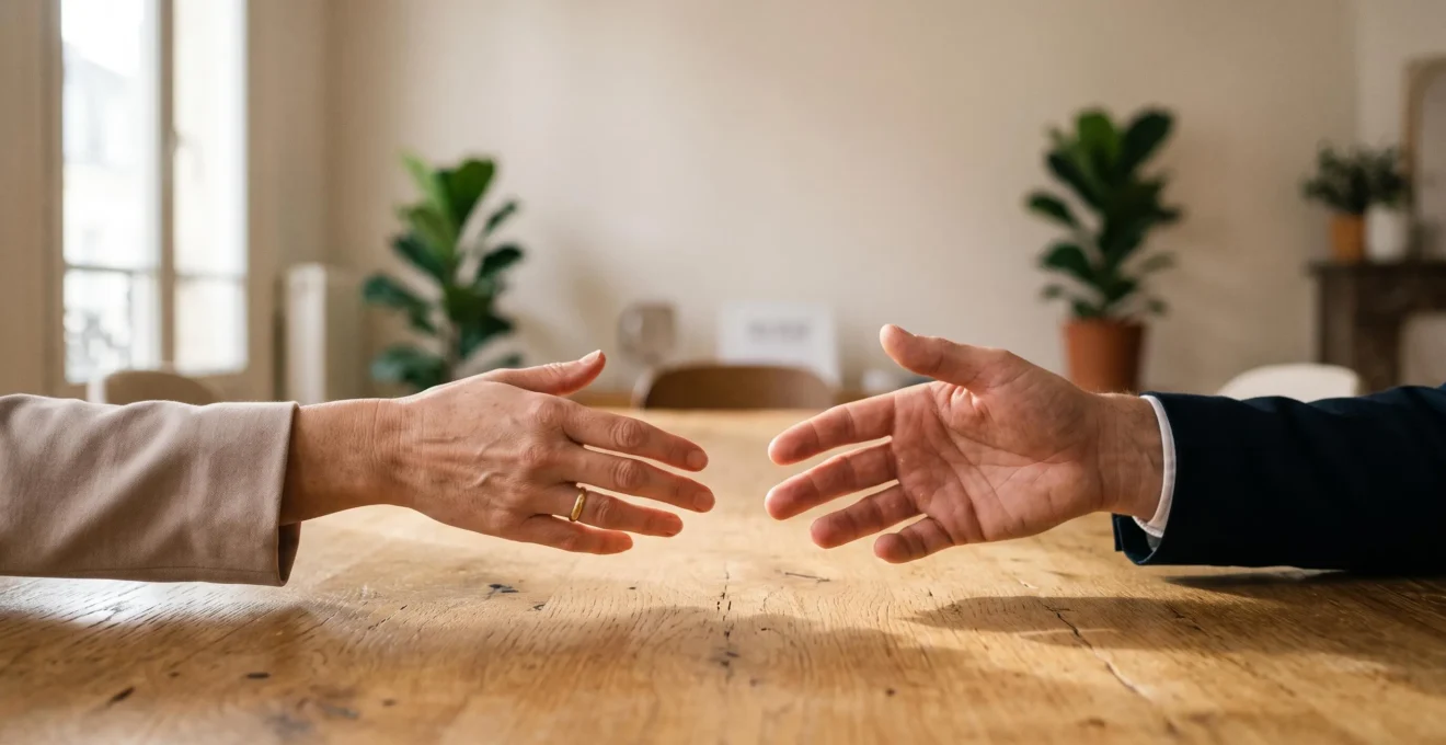 Deux mains se rejoignant au-dessus d'une table de bureau en bois, symbolisant le passage d'un conflit a un dialogue apaise