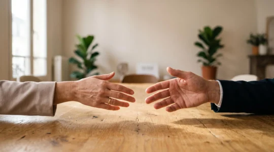 Deux mains se rejoignant au-dessus d'une table de bureau en bois, symbolisant le passage d'un conflit a un dialogue apaise