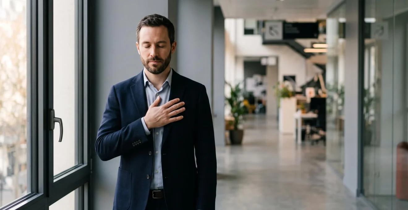 Un professionnel les yeux fermés, en pleine visualisation mentale calme avant une présentation importante