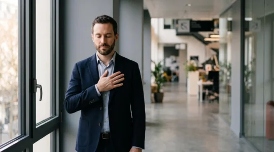 Un professionnel les yeux fermés, en pleine visualisation mentale calme avant une présentation importante